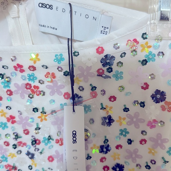 NWT ASOS EDITION ditsy floral sequin mini skirt with faux feather hem US 0 - Picture 9 of 9